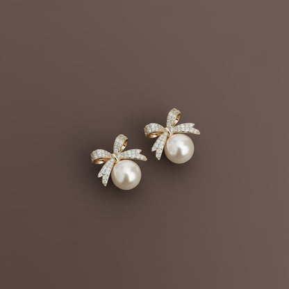 Silver Bow Pearl & Diamond Earrings - R&N 