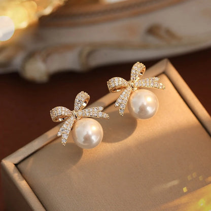 Silver Bow Pearl & Diamond Earrings - R&N 