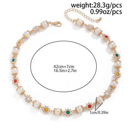 Pearl necklace with gold flower settings and colorful gemstones, 42cm length with 7cm extender