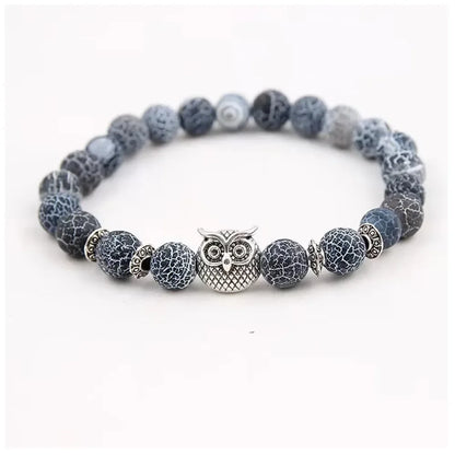 Black cracked agate bead bracelet with silver owl charm and decorative spacers